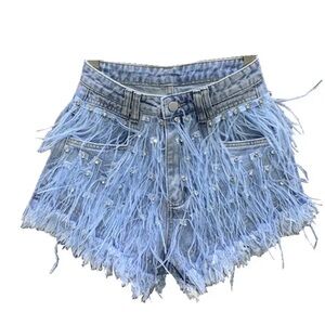 Rhinestones ostrich feathers denim shorts